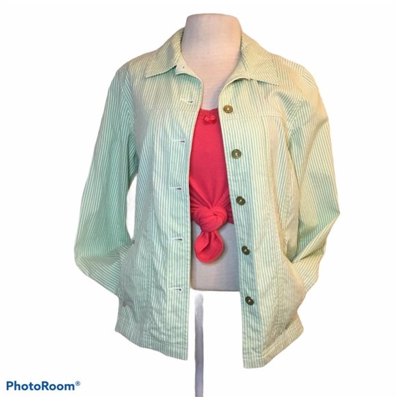Allison Daley Vintage Spring Jean Jacket Mint Green White Stripes Ladies Size 10 - Picture 1 of 10